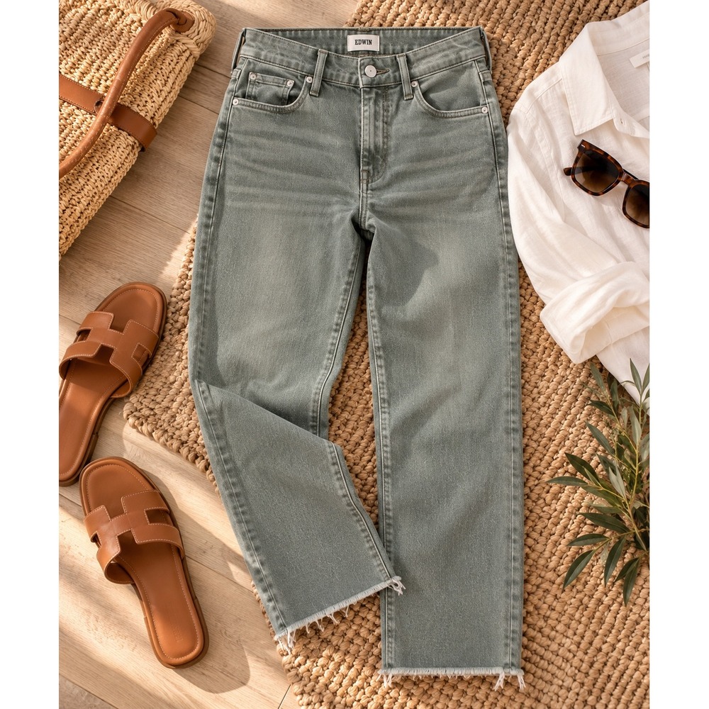 EDWIN Bree Sage Green Jeans 32 Slim Straight Crop Raw Hem Stretch Made USA